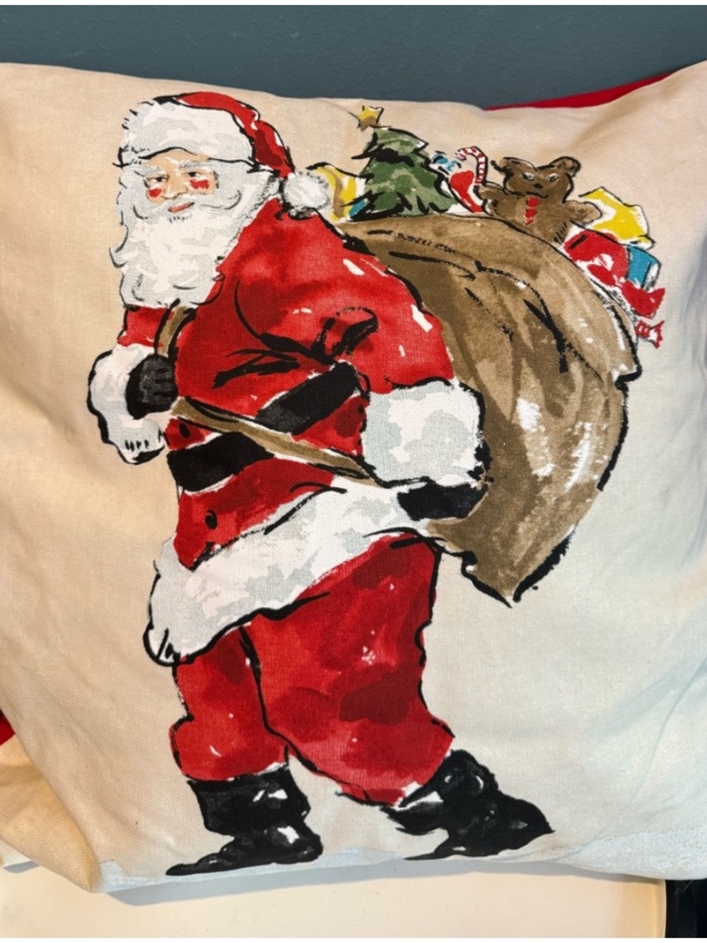 POTTERY BARN Painted old school Santa Claus Pillow Cover sham 20” x 20” linen